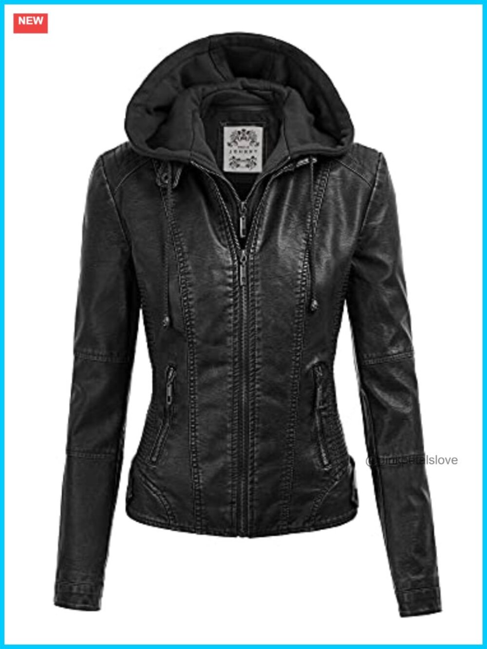 Faux Leather Motorcycle Jacket with Removable Hood